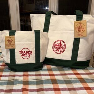 Last One Trader Joe's Dark Green and Crème Canvas Tote Bag Set - Mini and Large
